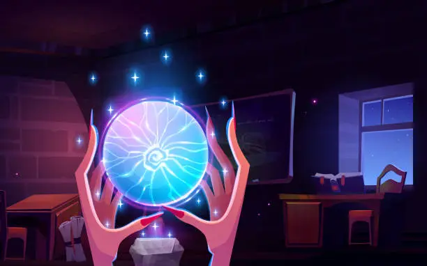 Vector illustration of Witch hands with energy crystal in magic lab