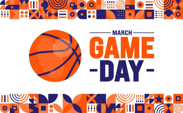 Vector illustration of march is Game Day background design template. Basketball playoff in March. Ball for basketball Final games of season tournament Super sport party poster in United States. Game Day banner.