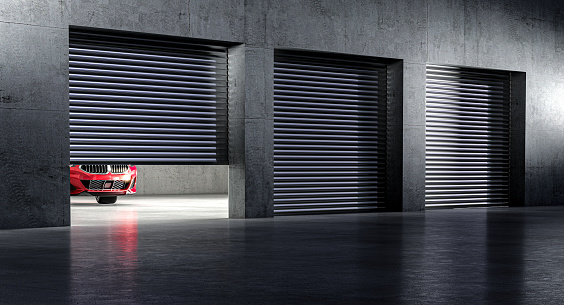 outside of garage with shutters, red car inside. 3d render illustration