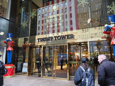 New York, USA - December 27, 2019: The entrance to the Trump Tower on Fifth Avenue.