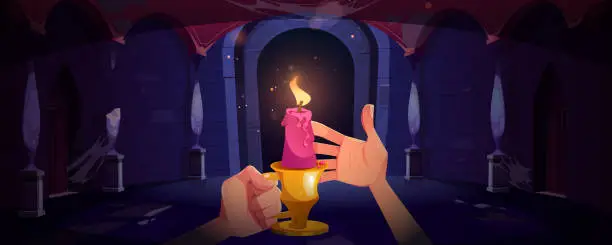 Vector illustration of Burning candle in human hands in castle hall