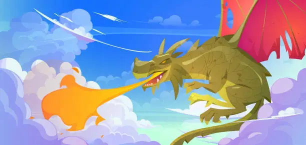 Vector illustration of Fantasy dragon breathing with fire in blue sky