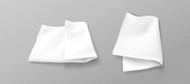 White folded handkerchief mockup. White folded handkerchief mockup. Blank cotton or silk fabric napkin or kitchen towel. Realistic vector set of template for microfiber dishcloth or picnic plaid, blanket or cloth serviette. restaurant table side view stock illustrations