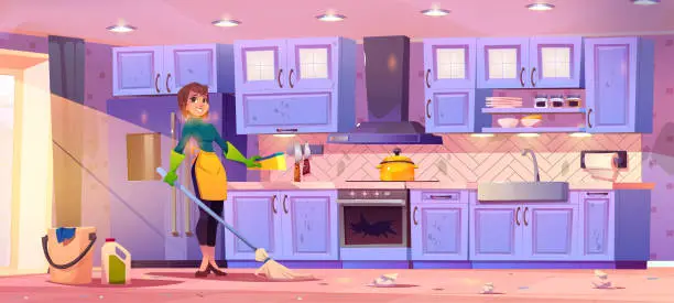 Vector illustration of Housewife cleaning messy kitchen