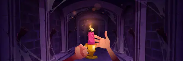 Vector illustration of Hands with candle in abandoned dungeon