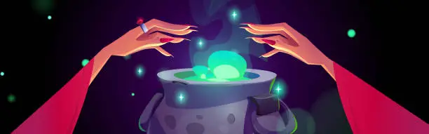 Vector illustration of Witch hands doing magic over cauldron with potion