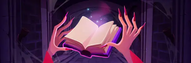 Vector illustration of Witch hands with spell book in abandoned dungeon