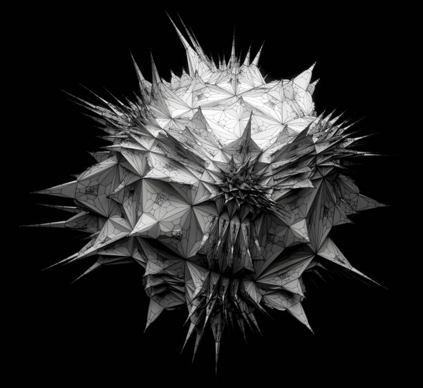 istock 3D render with surreal alien fractal cubical organic organisms based on cubical shapes and patterns with sharp spikes in white plastic material with metal wire on a black background 2025516673