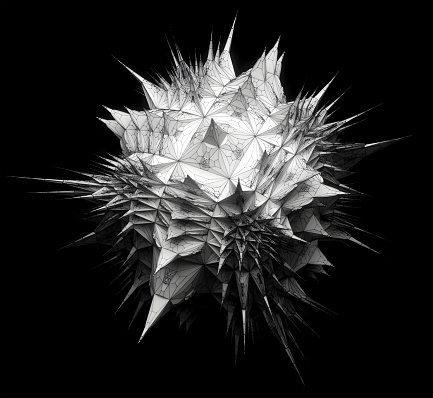 3D render with surreal alien fractal cubical organic organisms based on cubical shapes and patterns with sharp spikes in white plastic material with metal wire on a black background