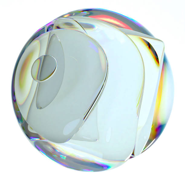 3d render abstract art with surreal glass sphere or ball in deformation in curved wavy round lines forms with dispersion rainbow color spectrum prism effect on isolated white background