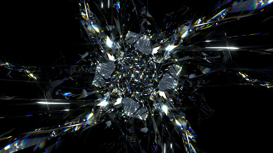 3d render of abstract art with transform rotating fractal diamond crystal alien star flower in curve lines forms in glass material with color dispersion effect on black background based on rectangles