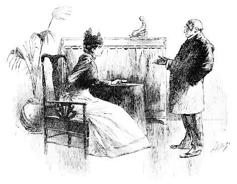 A woman having a cup of tea is listening to a businessman. Illustration published 1894/ Original edition is from my own archives. Copyright has expired and is in Public Domain.