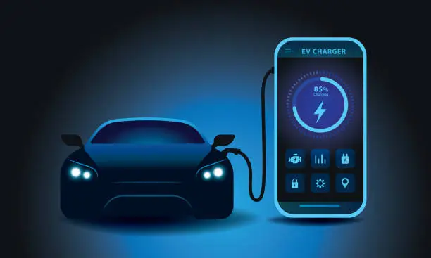 Vector illustration of Electric car plugged in a charger with smartphone app