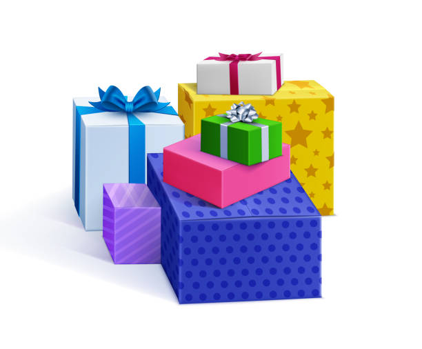 ilustrações de stock, clip art, desenhos animados e ícones de pile of surprises, festive gift boxes, mountain of gift boxes - birthday present christmas pink white background