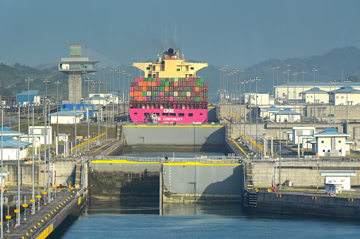 Panama Canal, Panama - 23 January 2024: Scenic view approaching one of the Cocoli set of canal locks