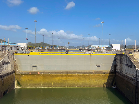 Panama Canal, Panama - 23 January 2024: Close up view of one of the Cocoli set of locks on the Panama Canal