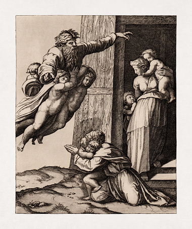 Illustration entitled The Vocation of Abraham engraved by Marcantonio Raimondi after a fresco by Raphael.