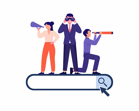 Unemployed peoples standing on search bar and searching job online vector illustration