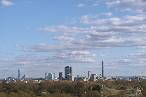 High angle view of the BT telecom tower and surrounding city skyline in central London, UK.