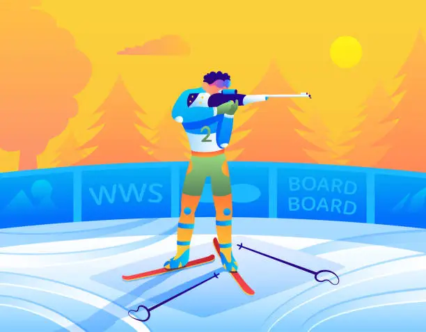 Vector illustration of The Biatlon Athlete Navigates The Snowy Terrain, Stopping at the Shooting Range Nestled Amidst the Forested Backdrop