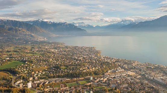 Drone aerial view of Aerial view of Lavaux  and vevey province beautiful city daytime nature scenery and moutain switzerland