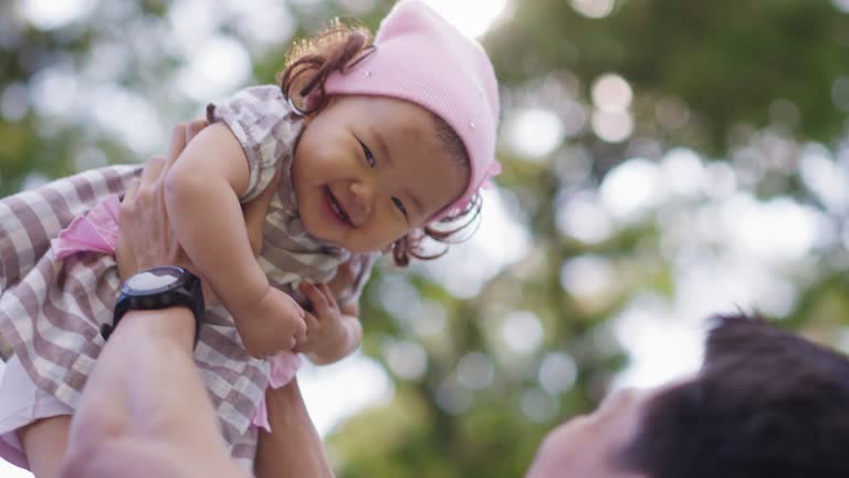 Father with his girl,Asian baby girl ride the neck of father