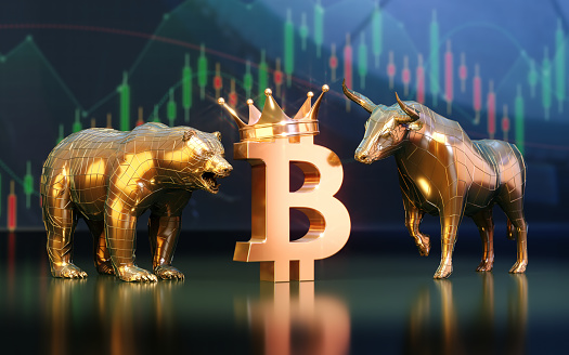 3d render Sitting King Crown Bitcoin Sign and Bullish Bear Season on Financial Graph Background, Crypto Finance Concepts (Depth of field)