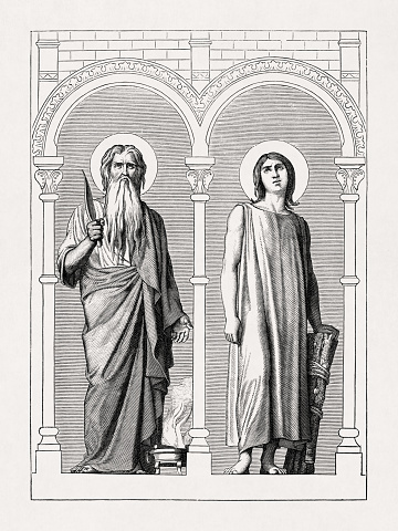Illustration entitled The Patriarchs representing Abraham on the left and Isaac on the right. Fresco by Hippolyte Flandrin dating from the 19th century.