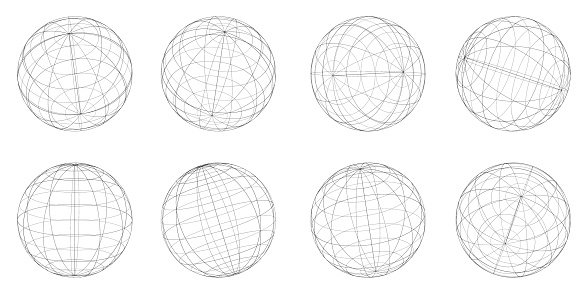 Globe grid spheres. Striped 3D spheres, geometry globe grid, earth latitude and longitude line grid vector symbols set. Spherical grid globe shapes