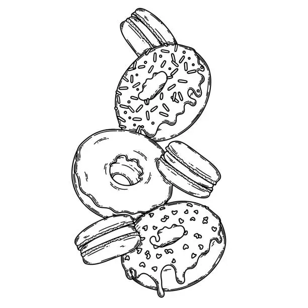 Vector illustration of Donuts and macarons sketch graphic set illustration, draft silhouette drawing. Glazed donuts, black on white line art for coloring book