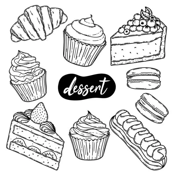 Vector illustration of Desserts and bakery products set. Cookies, meringue, eclair, croissant silhouette drawing. Chocolate, oatmeal, black on white line art