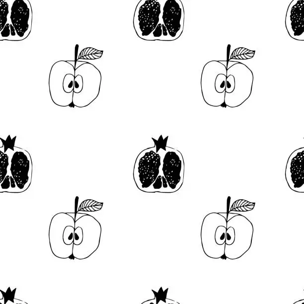 Vector illustration of fruit doodle pattern of apple and pomegranate halves.