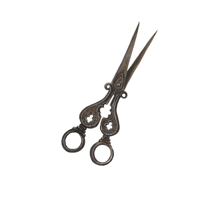 Watercolor illustration of an old metallic scissors. An old rusty enamel element. Hand-drawn in watercolor on a white background. Perfect for wedding invitation, greetings card, posters.