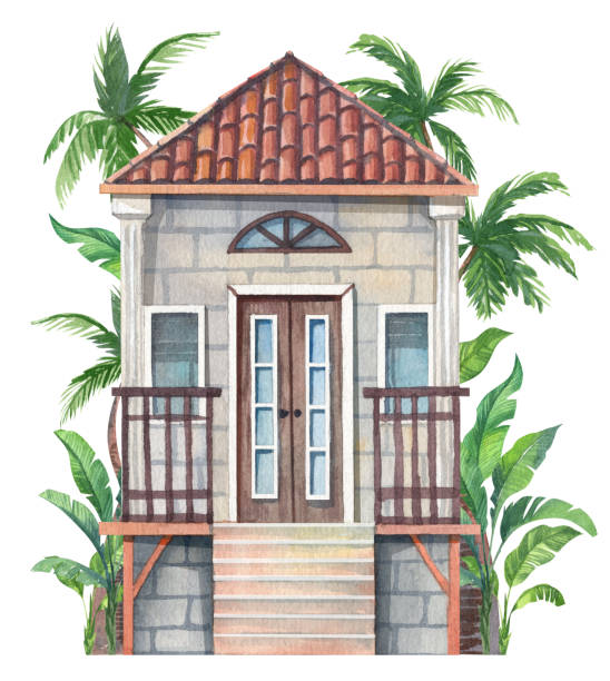illustrazioni stock, clip art, cartoni animati e icone di tendenza di casa in stile coloniale con palme. - house cottage mansion colonial style
