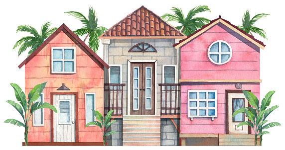 Watercolor tropical bungalows facade, travel cottages