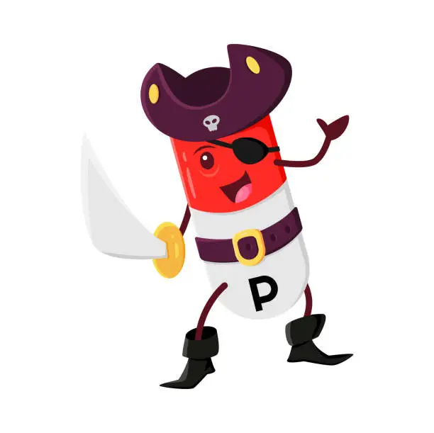 Vector illustration of Cartoon vitamin, P micronutrient pirate character