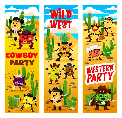 Cartoon western cowboy, sheriff and robber fruits characters on Wild West. Kids holiday western party vector vertical banners with mango, apple, plum, lemon and pineapple, guava cute cowboy personages
