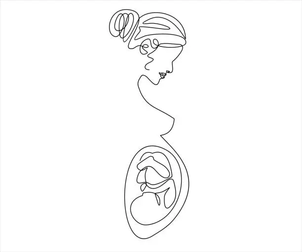 Vector illustration of Continuous One line of pregnant woman with embryo silhouette on white background. The concept of women's health, childbirth, abortion, new life, single mother.