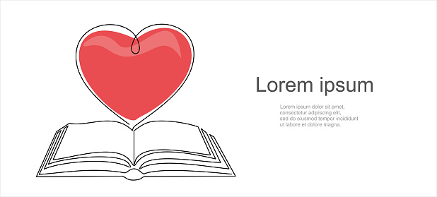 Open book and heart, continuous line vector illustration. one line vector drawing of a book and a heart, concept of love of reading. Black and white hand drawn image.