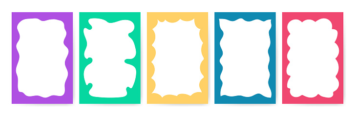 Doodle Wave scalloped edge background for social media. Hand drawn border set with wavy pattern. Trendy graphic template of curved frame textbox. Geometric abstract children creativity.