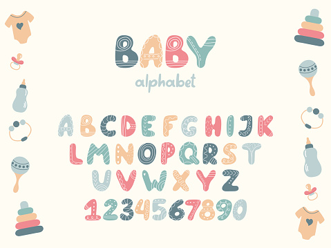 Cute Children's Alphabet in Scandinavian style. Capital letters, numbers and Baby accessories Isolated on white. Hand drawn Font in pastel Colors. Cartoon letters to Design Kids print materials