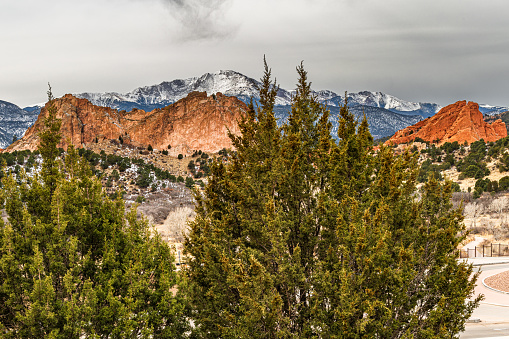 A storm is moving in over Pikes peak and the Garden of the Gods in Colorado Springs Colorado