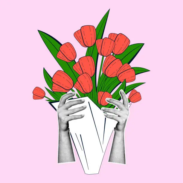 Vector illustration of Female hands with a halftone effect hold a large bouquet of tulips. Modern spring illustration in retro collage style.