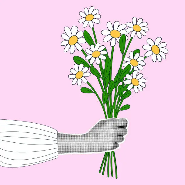 Vector illustration of A woman's hand with a halftone effect holds a bouquet of blooming daisies. Modern vector illustration in retro collage style.