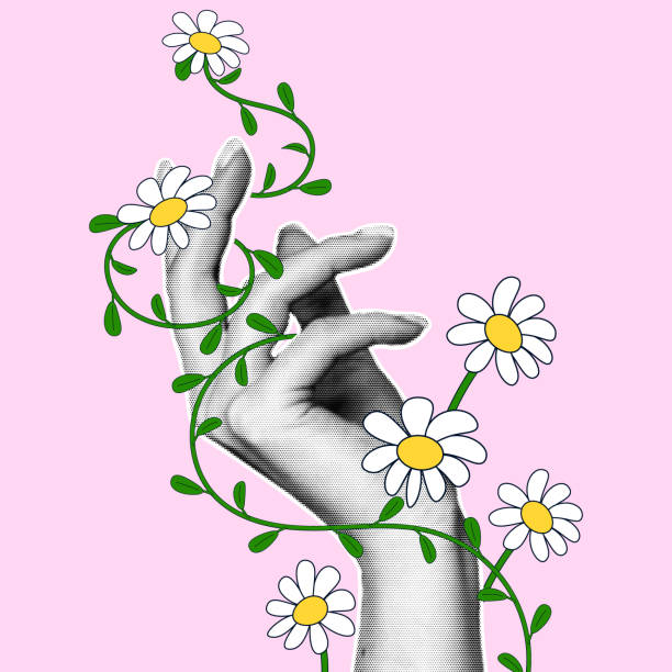 istock A woman's hand with a halftone effect entwined with daisies in a cartoon style. Modern spring illustration in retro collage style. 2025805300