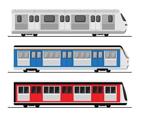 Subway train set illustration, tube station flat train icon. Underground metro vector.