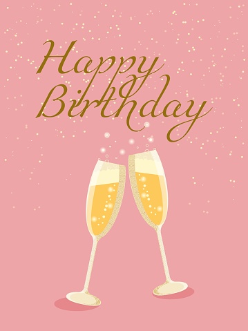 Vertical vector illustration of happy birthday on a pink background. Glasses of champagne with glitter. Festive design for a greeting card.