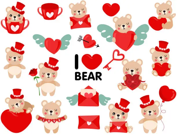 Vector illustration of Set of funny love valentine tedy bear