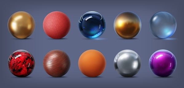 3d texture spheres. Gold, silver, metal and glass, stone and rubber, chrome and ice ball. Isolated vector spherical objects set with intricate patterns that create a tactile and immersive experience