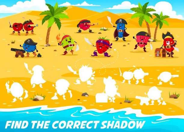 Vector illustration of Find the correct shadow of berry pirates on island